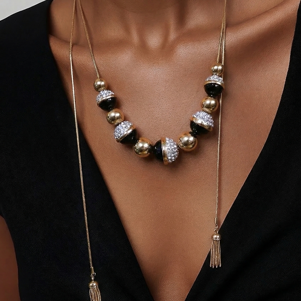 Gold Tone Statement Necklace Adjustable Tassel Ch… - image 2